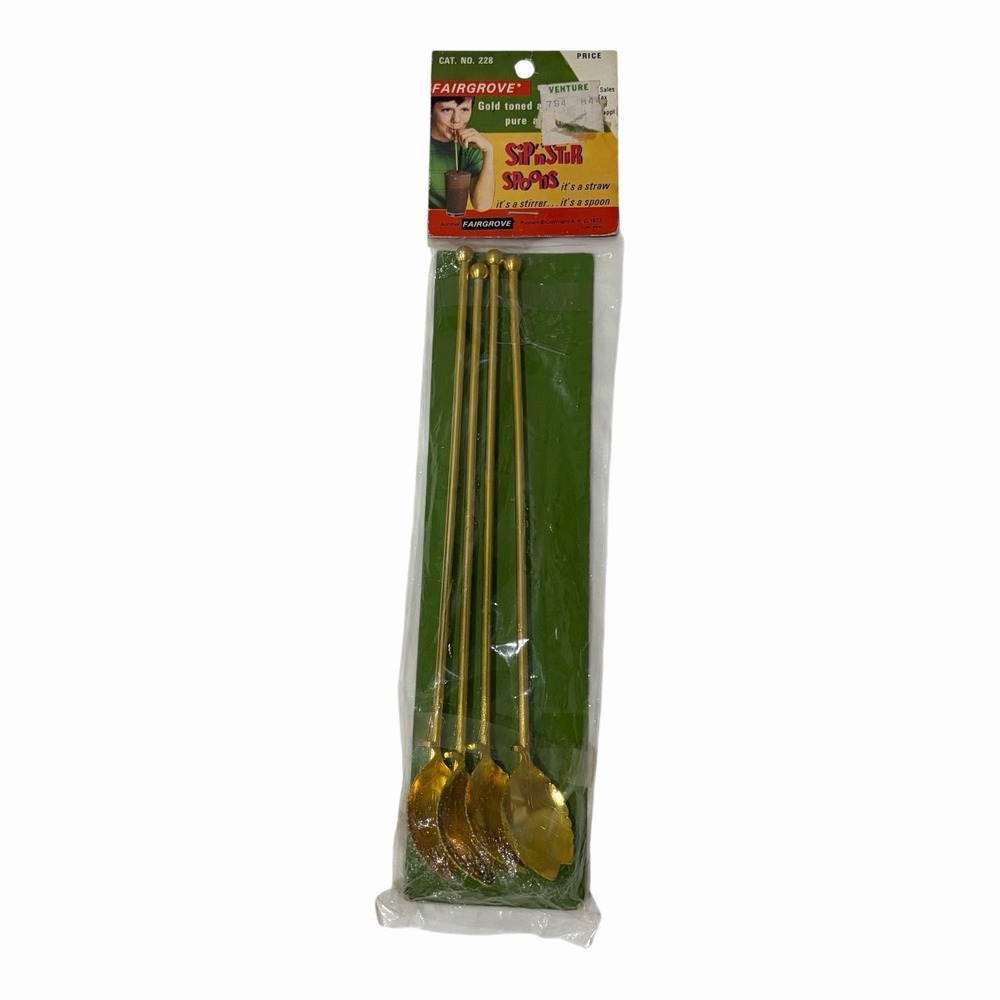 Fairgrove Sip N Stir Spoons Gold Leaf New Straw Stir Spoon Vintage NEW 9" Inch